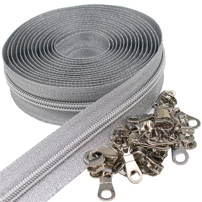 MebuZip #5 سحابات لفائف النايلون الفضية المعدنية من The Yard Bulk Coil Zipper Roll 10 ياردات مع 25 قطعة سحب لحقائب الخياطة اليدوية (شريط فضي) - Image 4